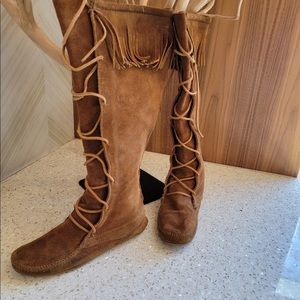Lace up Minnetonka Moccasin knee high boots